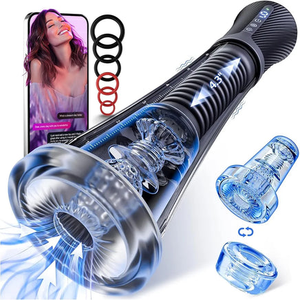 Male Masturbator Penis Pump - Transparent Visual Male Sex Toys for Men, APP Control Vibrating Spring & Power Suction with 2 Replaceable Sleeves & 6 Penis Rings for Masturbation Glans Trainer